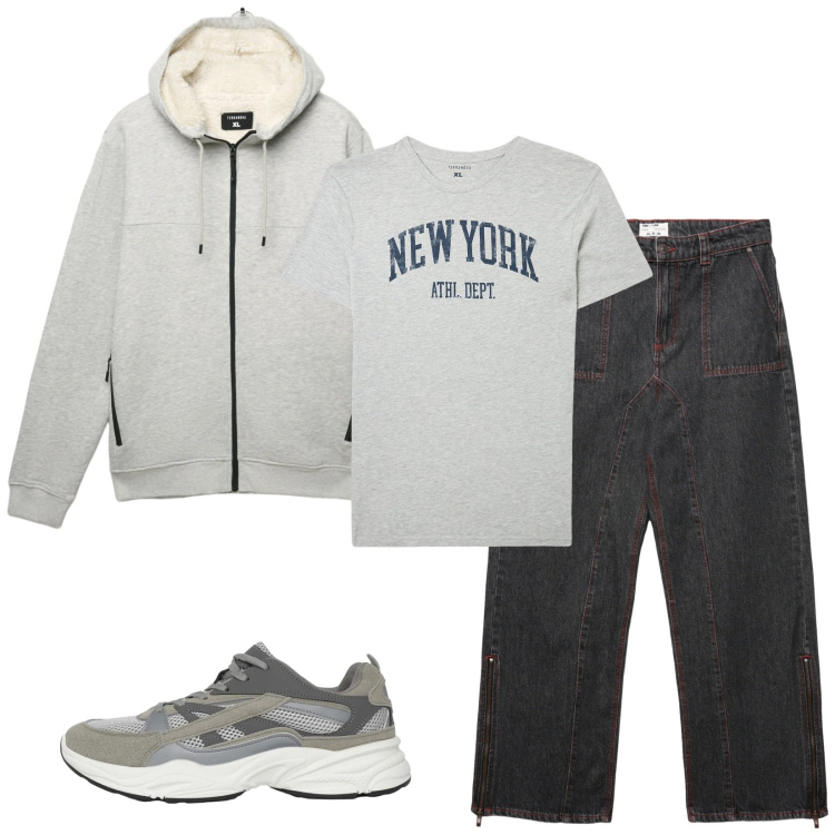 Outfit uomo - Total look #2344714. Stile Urban per Tutti i giorni. Abbinamento con t-shirt, sneakers, felpe con cappuccio, jeans dritti.