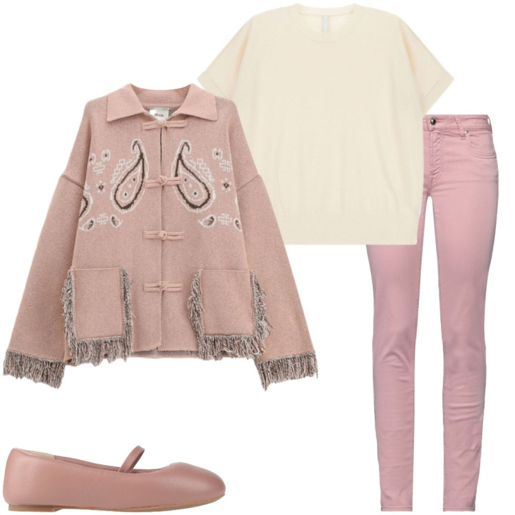 Outfit donna - Tonalità soft. Stile Casual chic per Tutti i giorni. Abbinamento con jeans, ballerine, t-shirt, cardigans.