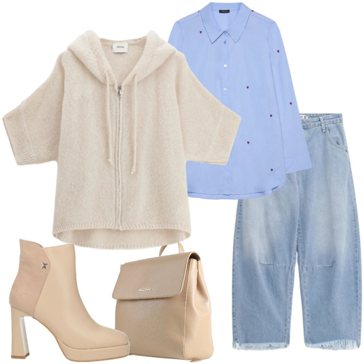 Outfit donna - Tonalità soft. Stile Casual chic per Ufficio. Abbinamento con stivaletti, zaini, camicie, cardigans, jeans.