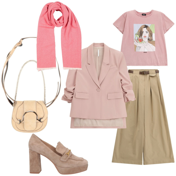 Outfit donna - Cipria. Stile Casual chic per Tutti i giorni. look ideale per Petite. Abbinamento con mocassini, marsupi, sciarpe, blazer, pantaloni a palazzo, t-shirt.