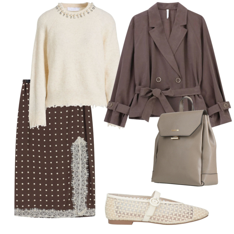 Outfit donna - Look. Stile Romantica per Tutti i giorni. Abbinamento con pullovers, ballerine, zaini, blazer, gonne lunghe.