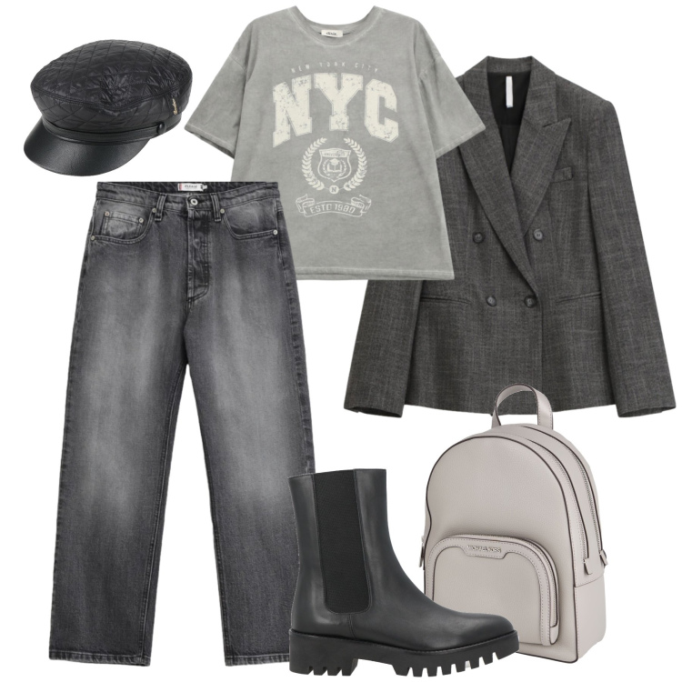 Outfit donna - Relax City time. Stile Urban per Tutti i giorni. Abbinamento con stivaletti chelsea, zaini, cappelli con visiera, blazer, t-shirt, jeans.