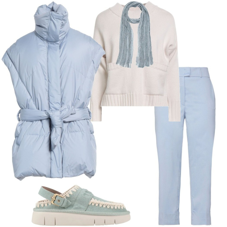 Outfit donna - Tonalità soft. Stile Casual chic per Tutti i giorni. Abbinamento con pullovers, cinture, sciarpe, décolleté, pantaloni.