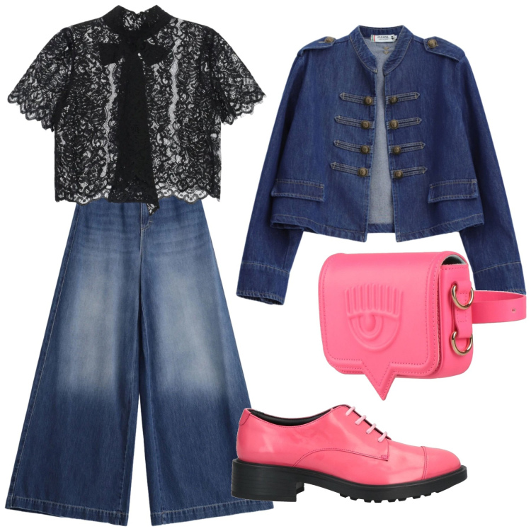 Outfit donna - Look jeans. Stile Casual chic per Tutti i giorni. Abbinamento con scarpe stringate, marsupi, top, blazer, jeans.