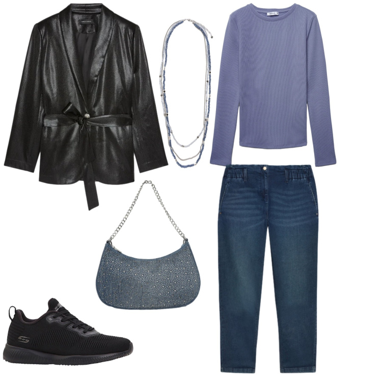 Outfit donna - Midnight Glow. Stile Urban per Tutti i giorni. Abbinamento con sneakers, t-shirt, borse a tracolla, jeans, blazer, collane.