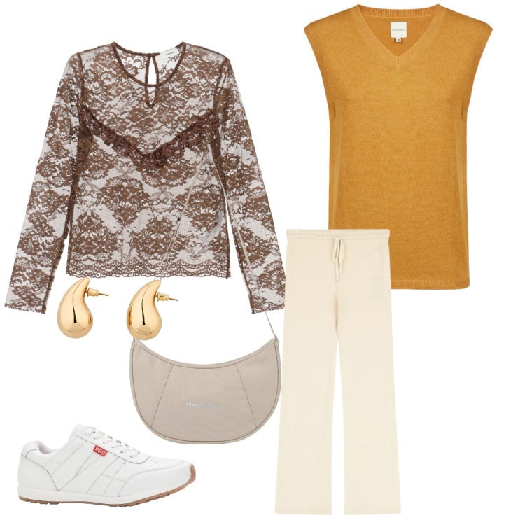 Outfit donna - Golden Lace. Stile Glamour per Tutti i giorni. Abbinamento con sneakers, orecchini, pantaloni a palazzo, camicie, borse a spalla, maglieria.