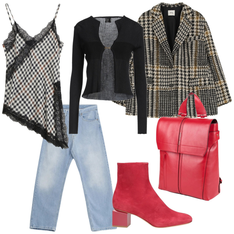 Outfit donna - Un tocco di rosso. Stile Casual per Tutti i giorni. Abbinamento con stivaletti, zaini, cardigans, canottiere, blazer, jeans.