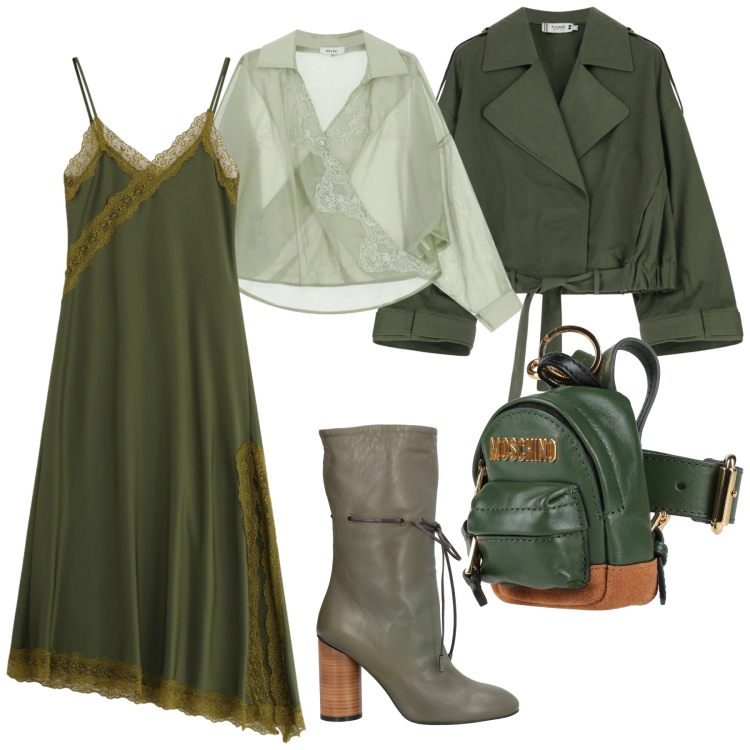 Outfit donna - Look verde. Stile Romantica per Serata fuori. Abbinamento con stivaletti, marsupi, vestiti lunghi, camicie, parka.