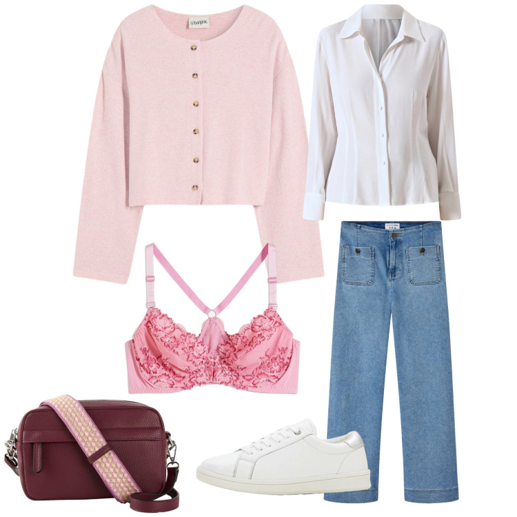 Outfit donna - Rosé Layering. Stile Glamour per Tutti i giorni. Abbinamento con sneakers, borse a tracolla, cardigans, reggiseni, jeans, camicie.