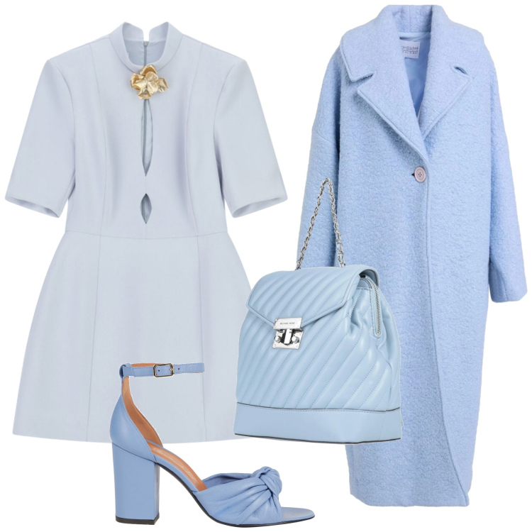 Outfit donna - Look azzurro. Stile Glamour per Cerimonia. Abbinamento con cappotti, sandali in pelle, zaini, vestiti corti.