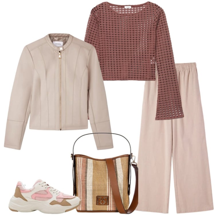 Outfit donna - Tonalità soft. Stile Casual chic per Tutti i giorni. Abbinamento con sneakers, maglieria, pantaloni, giacche, borse a secchiello.