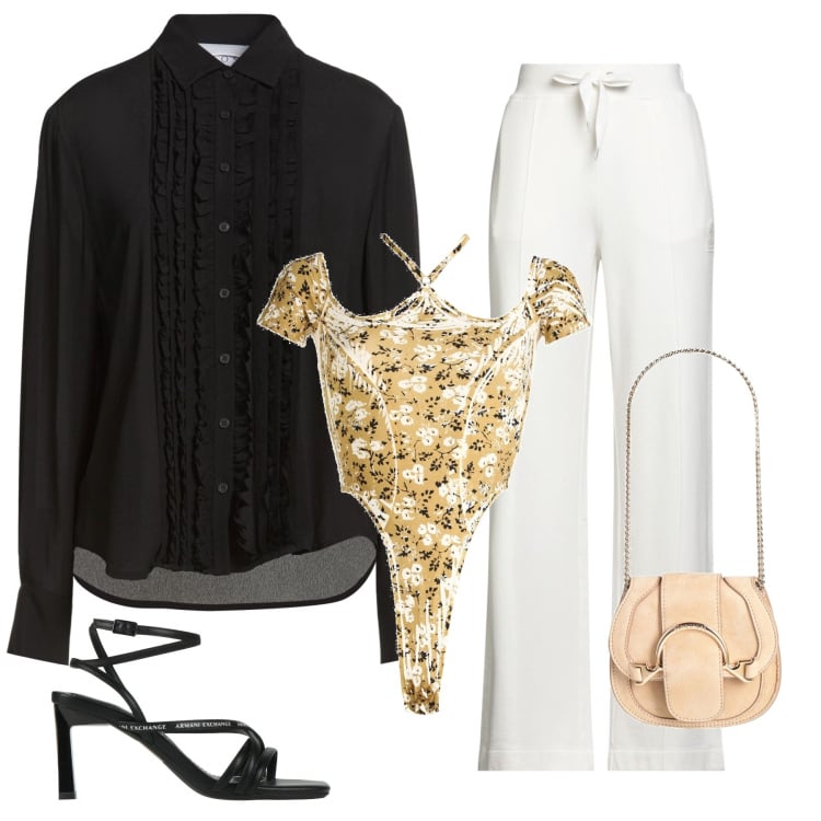 Outfit donna - Midnight Garden. Stile Glamour per Serata fuori. Abbinamento con body, marsupi, camicie, pantaloni, sandali col tacco.