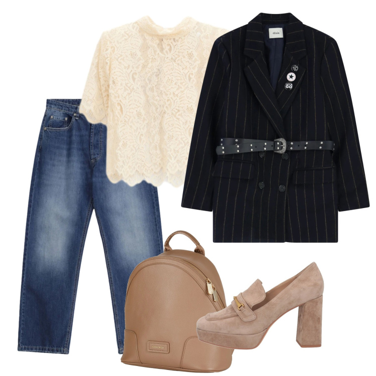 Outfit donna - Febbraio. Stile Casual chic per Tutti i giorni. Abbinamento con zaini, mocassini, top, blazer, jeans dritti.