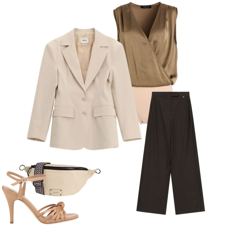 Outfit donna - Gilded Bronze. Stile Glamour per Serata fuori. Abbinamento con body, marsupi, sandali in pelle, pantaloni a palazzo, blazer.