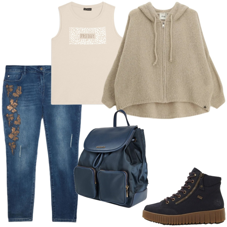 Outfit donna - Beige e blu. Stile Casual per Tutti i giorni. Abbinamento con zaini, sneakers alte, jeans skinny, cardigans, top.