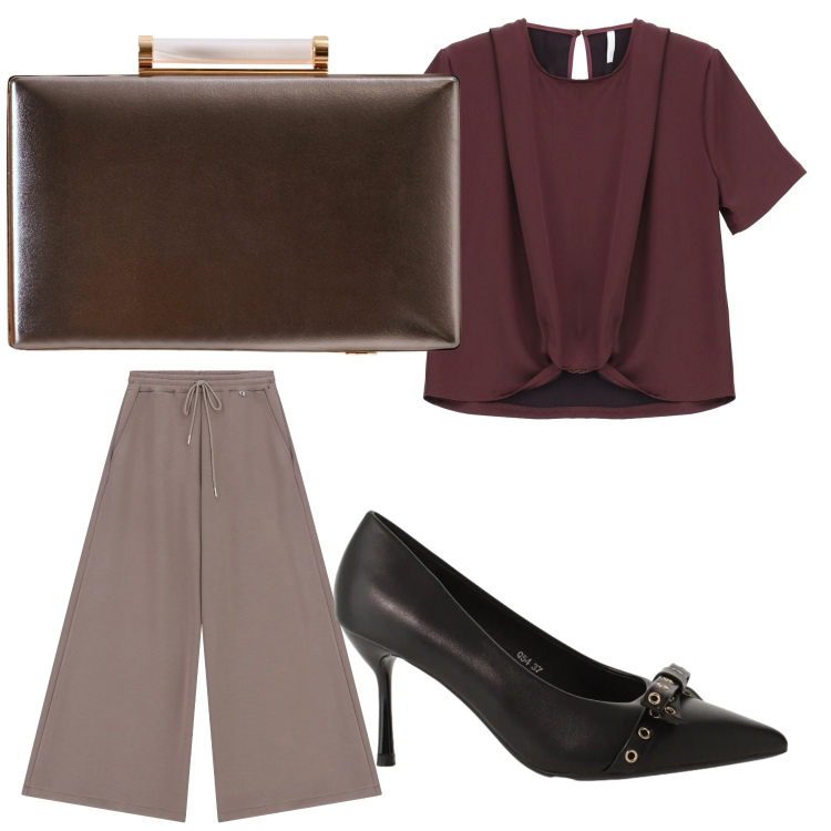 Outfit donna - Straight. Stile Casual chic per Ufficio. look ideale per Petite. Abbinamento con décolleté, bluse, pantaloni a palazzo, clutch.