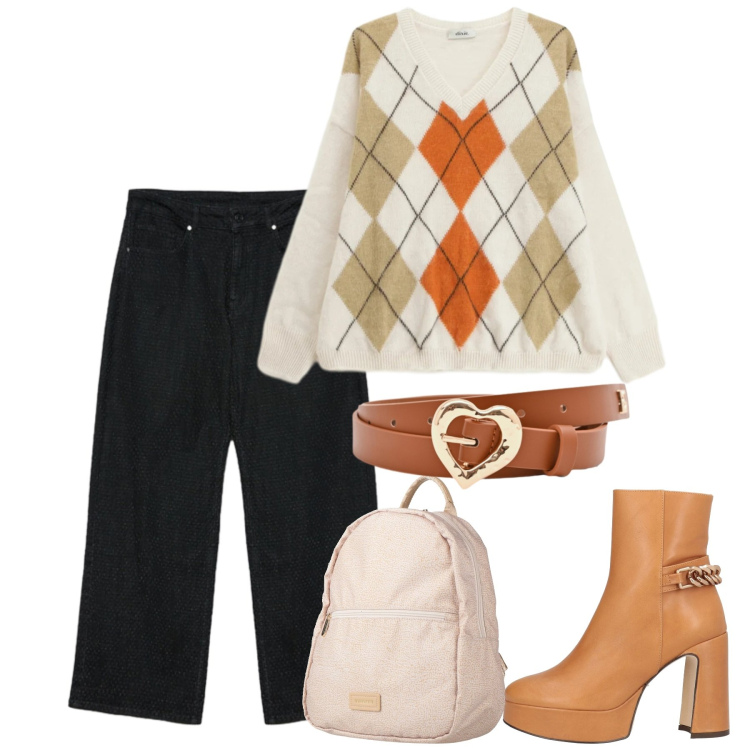 Outfit donna - Febbraio. Stile Bon Ton per Tutti i giorni. Abbinamento con zaini, stivaletti, jeans dritti, maglieria, cinture.