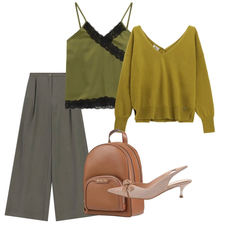 Outfit donna - Febbraio. Stile Bon Ton per Tutti i giorni. Abbinamento con zaini, décolleté, pantaloni a palazzo, top, maglieria.