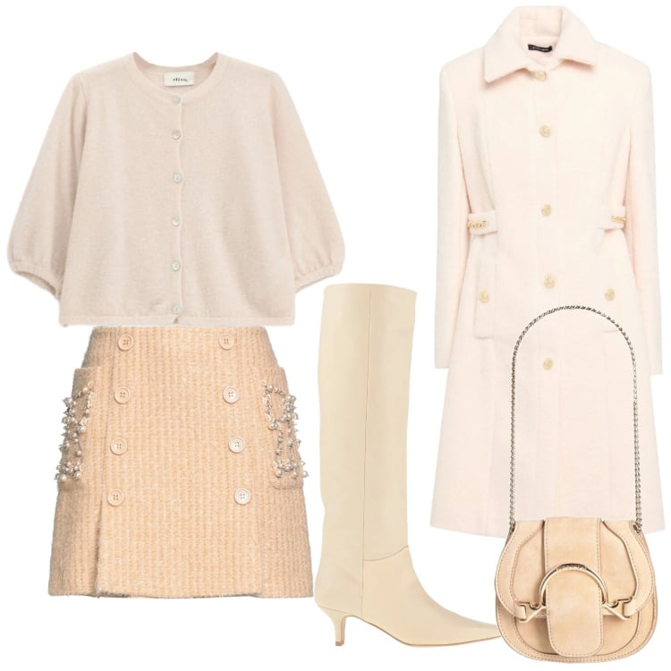 Outfit donna - Look chiaro. Stile Chic per Tutti i giorni. Abbinamento con marsupi, cappotti, minigonne, stivali, cardigans.