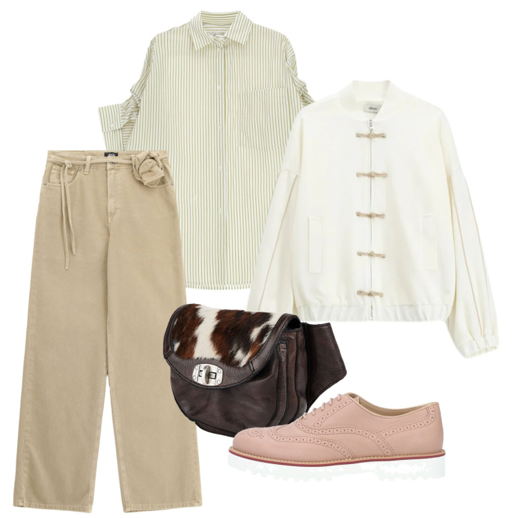 Outfit donna - Febbraio. Stile Bon Ton per Tutti i giorni. Abbinamento con scarpe stringate, marsupi, bomber, camicie, pantaloni a palazzo.