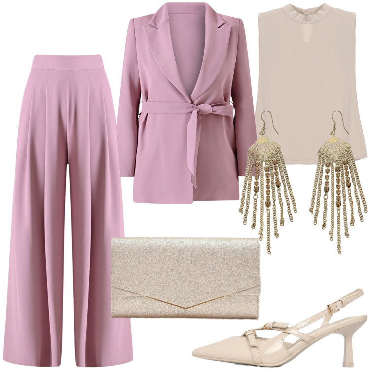 Outfit donna - Color cipria. Stile Casual chic per Cerimonia. Abbinamento con décolleté, top, orecchini, clutch, blazer, pantaloni a palazzo.