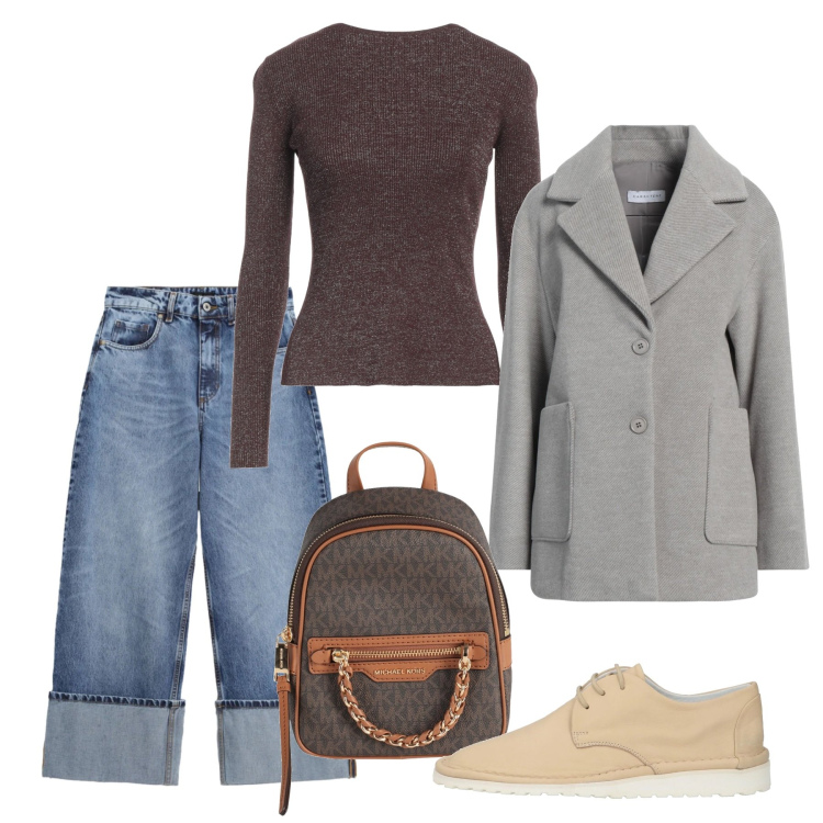 Outfit donna - Febbraio. Stile Casual chic per Tutti i giorni. Abbinamento con cappotti, zaini, pullovers, scarpe stringate, jeans.