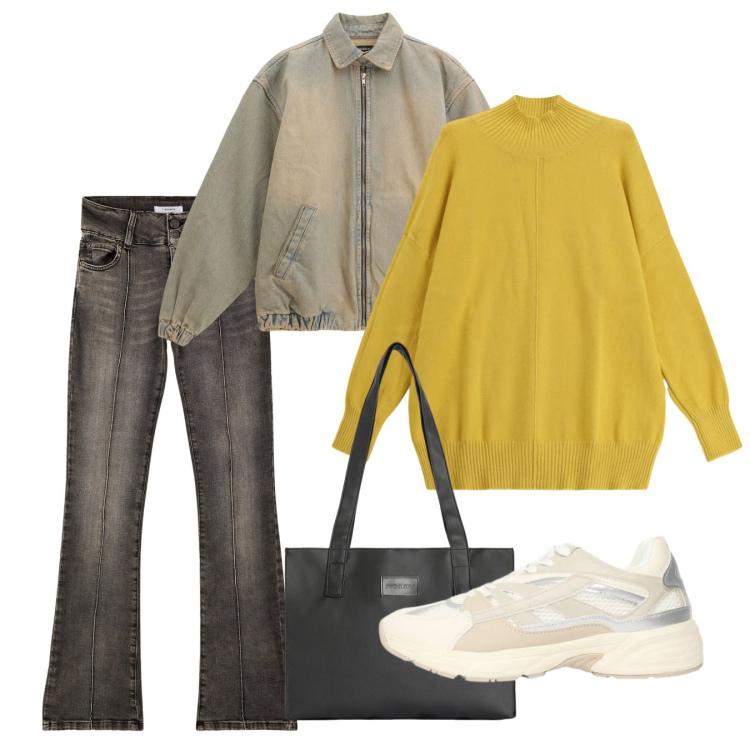 Outfit donna - Febbraio. Stile Bon Ton per Tutti i giorni. Abbinamento con jeans, sneakers, bomber, maglieria, shopping bag.