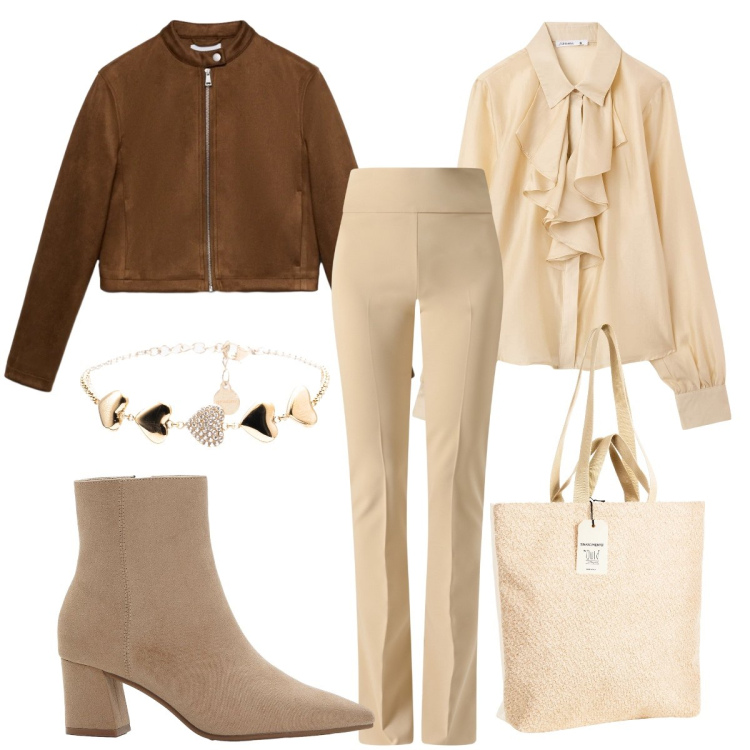 Outfit donna - In attesa della primavera. Stile Chic per Tutti i giorni. Abbinamento con stivaletti, giacche, camicie, braccialetti, borse tote, pantaloni.