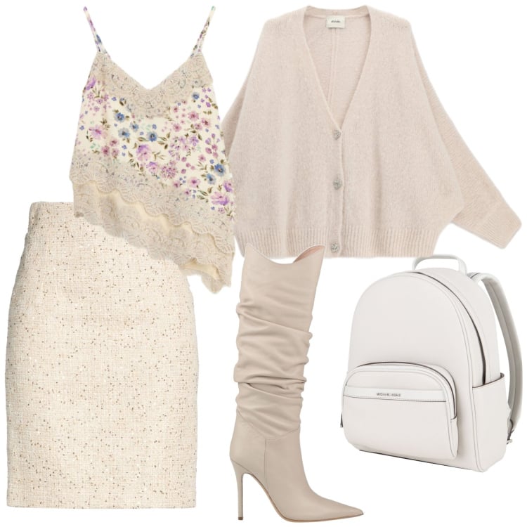 Outfit donna - Look nude. Stile Chic per Tutti i giorni. Abbinamento con minigonne, zaini, stivali, top, cardigans.