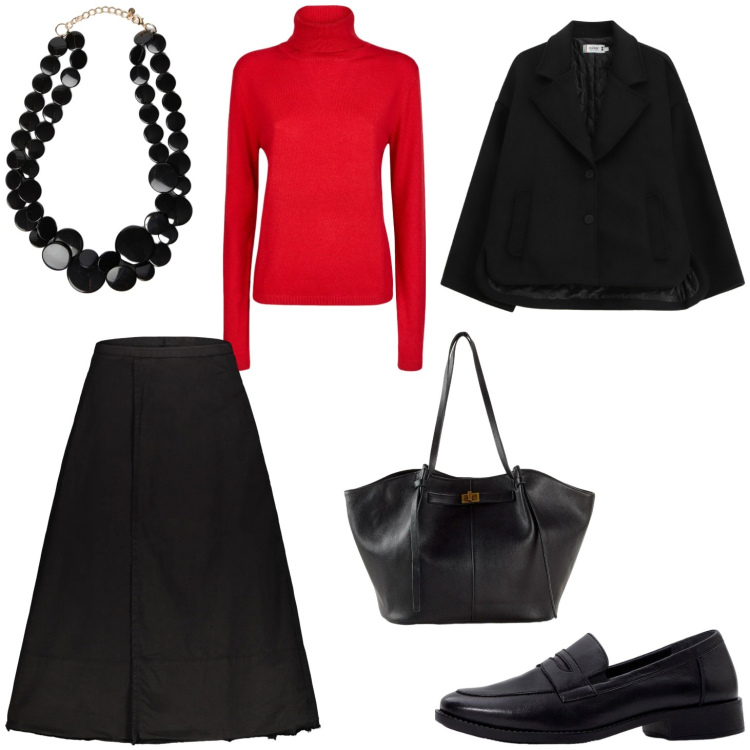 Outfit donna - Eleganza classica. Stile Casual chic per Ufficio. Abbinamento con mocassini, shopping bag, collane, blazer, gonne lunghe, maglieria.