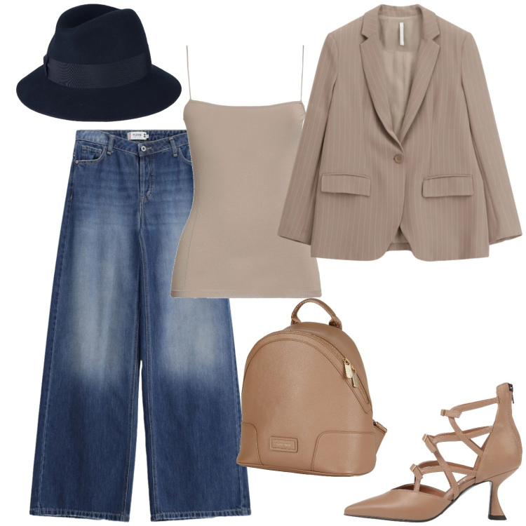 Outfit donna - Karina. Stile Casual chic per Tutti i giorni. Abbinamento con décolleté, top, zaini, cappelli, blazer, jeans.