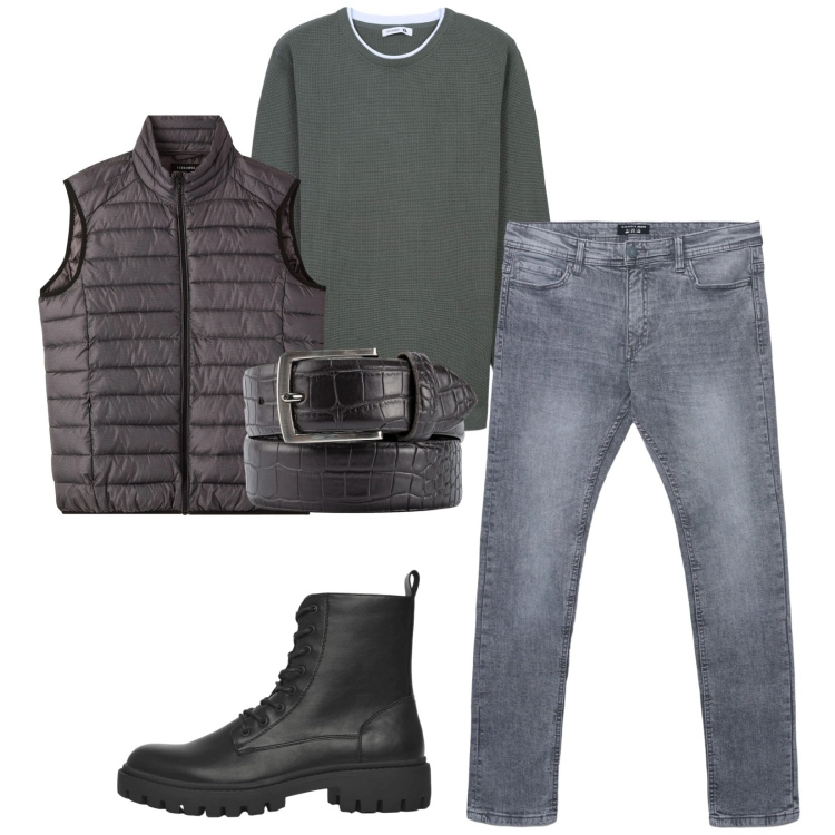 Outfit uomo - Total look #2344786. Stile Casual per Tutti i giorni. Abbinamento con anfibi, piumini, maglieria, jeans skinny, cinture.