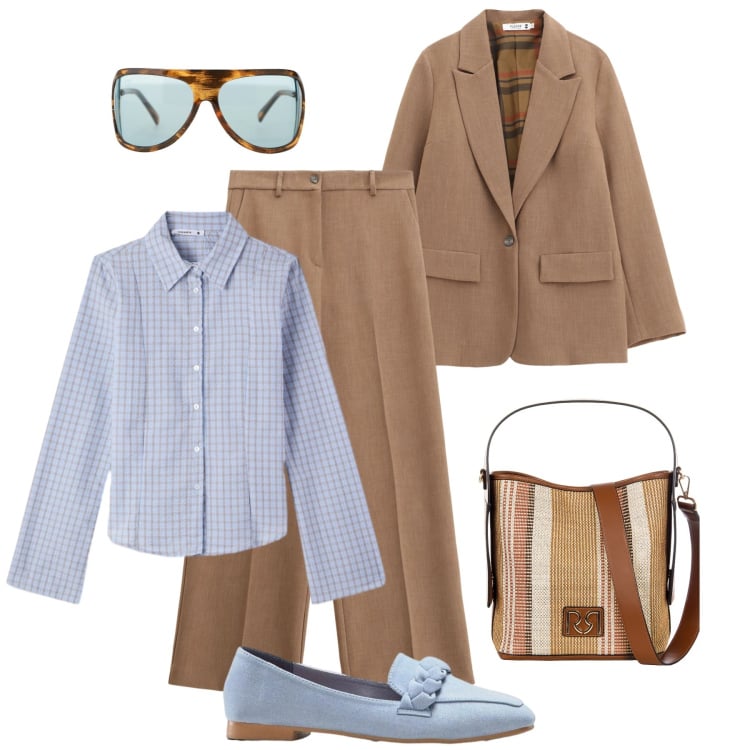 Outfit donna - Delicatamente formale. Stile Mannish per Ufficio. Abbinamento con mocassini, occhiali da sole, camicie, pantaloni, blazer, borse a secchiello.