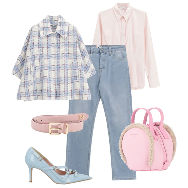 Outfit donna - Colori pastello jeans e tacchi. Stile Trendy per Tutti i giorni. Abbinamento con zaini, décolleté, camicie, cappotti, jeans, cinture.