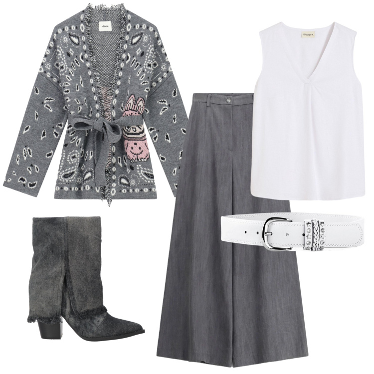 Outfit donna - Cardigan style. Stile Casual chic per Tutti i giorni. Abbinamento con stivaletti, cinture, top, pantaloni a palazzo, cardigans.
