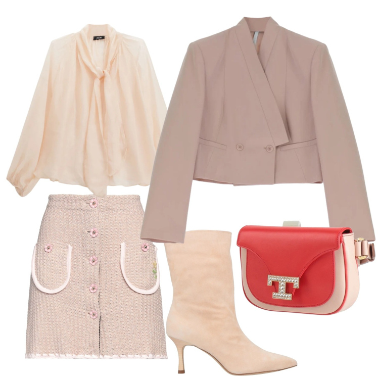 Outfit donna - Look rosa. Stile Romantica per Serata fuori. Abbinamento con minigonne, stivaletti, marsupi, blazer, bluse.