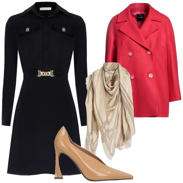 Outfit donna - Look. Stile Glamour per Cerimonia. Abbinamento con sciarpe, caban, décolleté, vestiti a tubino.