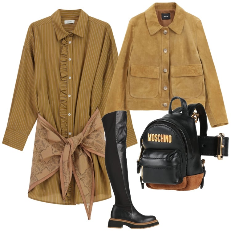 Outfit donna - Look. Stile Casual per Tutti i giorni. Abbinamento con marsupi, stivali sopra il ginocchio, giacche, vestiti lunghi.