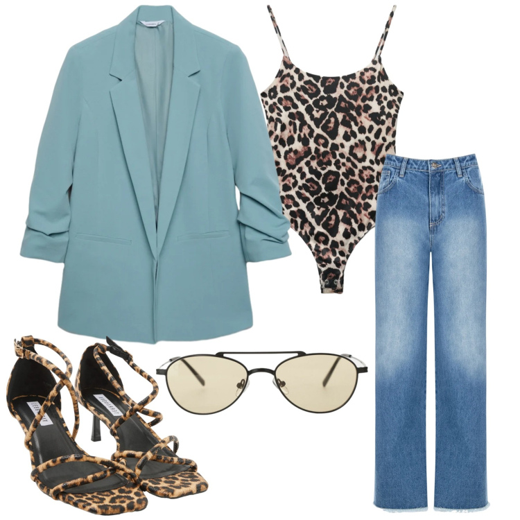 Outfit donna - Libertà Selvaggia. Stile Casual chic per Tutti i giorni. Abbinamento con sandali col tacco, blazer, top, occhiali da sole, braccialetti, jeans dritti.