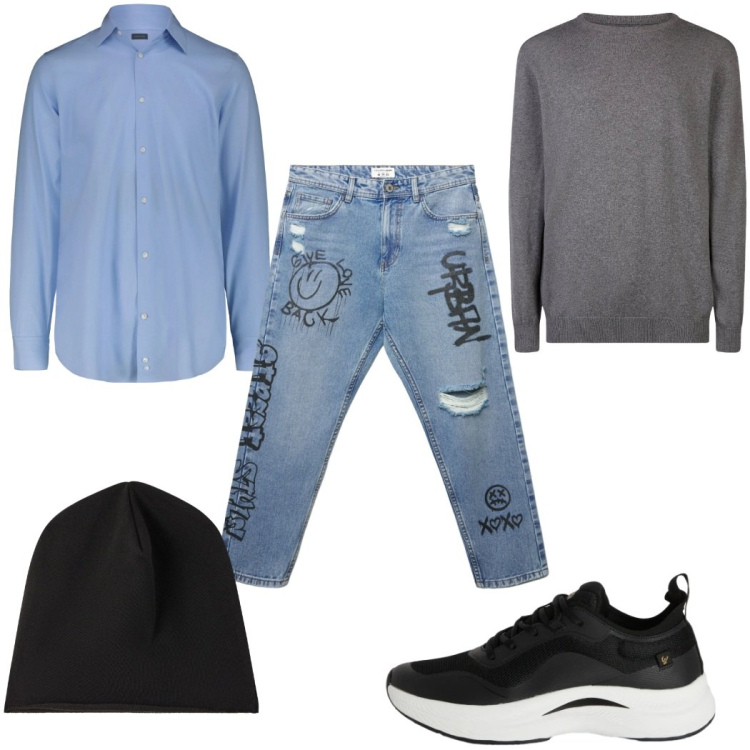 Outfit uomo - Total look #2344810. Stile Casual per Tutti i giorni. Abbinamento con berretti, jeans strappati, sneakers, maglieria, camicie.