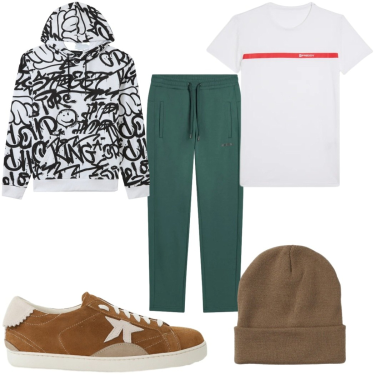 Outfit uomo - Total look #2344819. Stile Urban per Tutti i giorni. Abbinamento con sneakers, felpe con cappuccio, berretti, t-shirt, pantaloni.