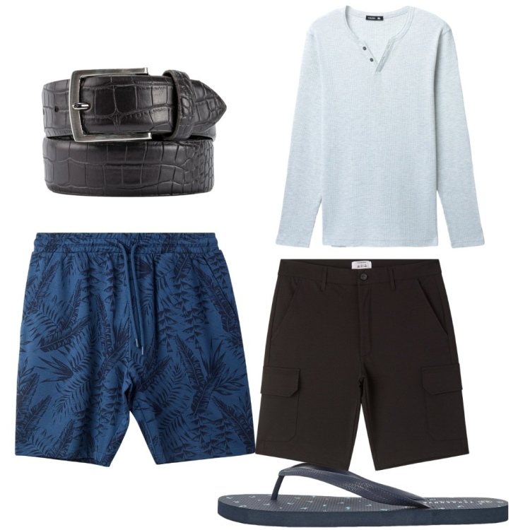 Outfit uomo - Total look #2344822. Stile Trendy per Mare. Abbinamento con sandali, costumi, pantaloni corti, t-shirt, cinture.