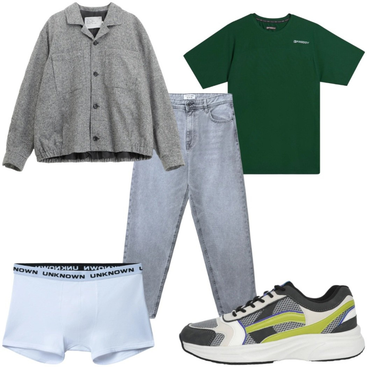 Outfit uomo - Total look #2344823. Stile Trendy per Tutti i giorni. Abbinamento con jeans, boxer, sneakers, cappotti, t-shirt.