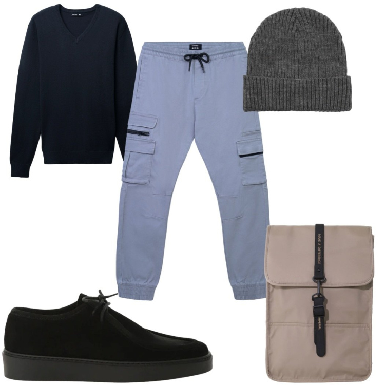 Outfit uomo - Total look #2344824. Stile Trendy per Tutti i giorni. Abbinamento con borse sportive, scarpe stringate, pantaloni cargo, berretti, maglieria.