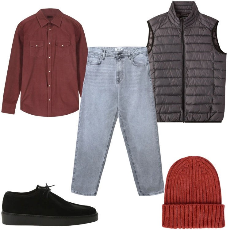 Outfit uomo - Total look #2344825. Stile Trendy per Tutti i giorni. Abbinamento con scarpe stringate, jeans, piumini, berretti, camicie.