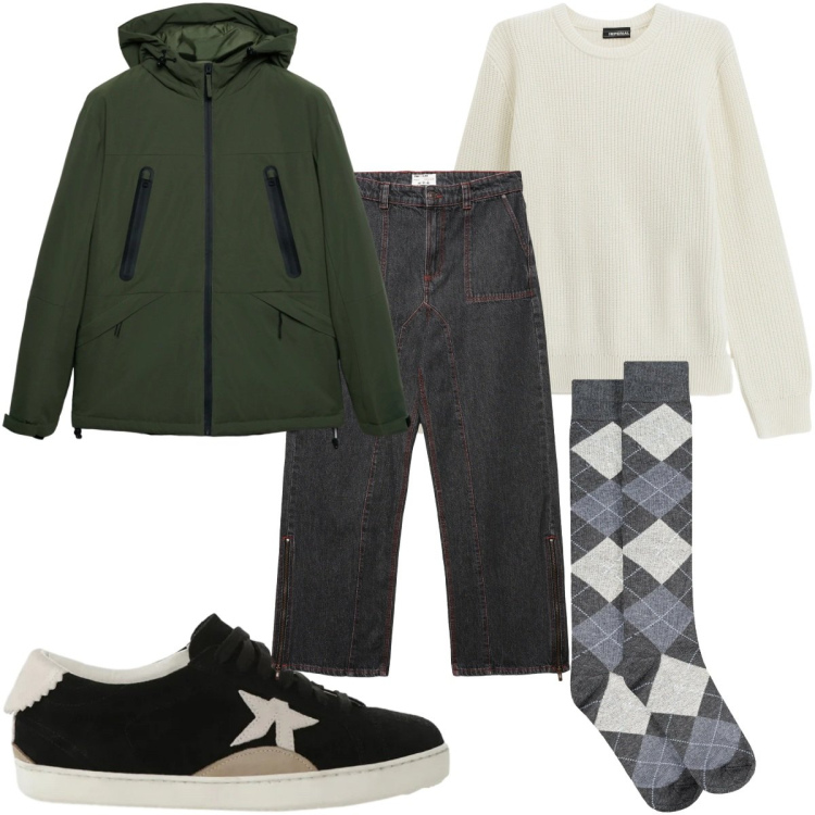 Outfit uomo - Total look #2344826. Stile Trendy per Tutti i giorni. Abbinamento con giacche, jeans dritti, maglieria, sneakers, calzini.