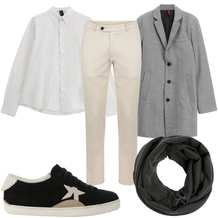 Outfit uomo - Total look #2344827. Stile Casual per Ufficio. Abbinamento con camicie, cappotti, sneakers, sciarpe, pantaloni.
