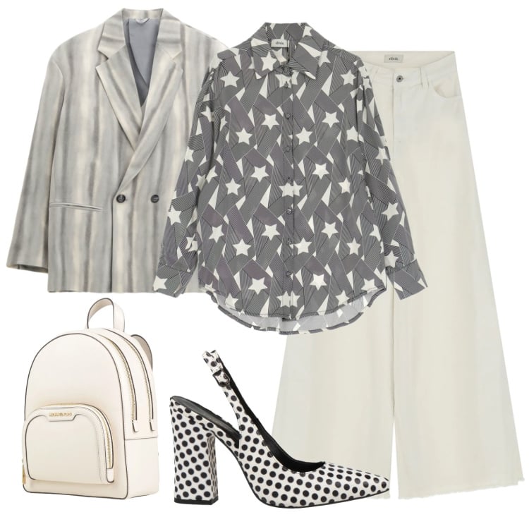Outfit donna - Stelle, strisce e pois. Stile Urban per Tutti i giorni. Abbinamento con zaini, décolleté, blazer, pantaloni, camicie.