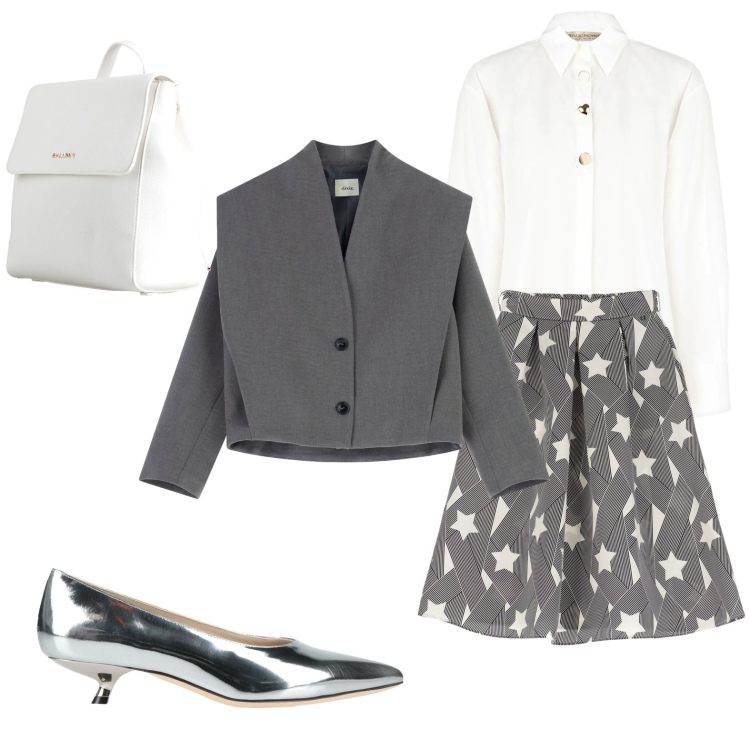 Outfit donna - Argento, bianco e grigio. Stile Bon Ton per Tutti i giorni. Abbinamento con décolleté, zaini, blazer, gonne lunghe, camicie.