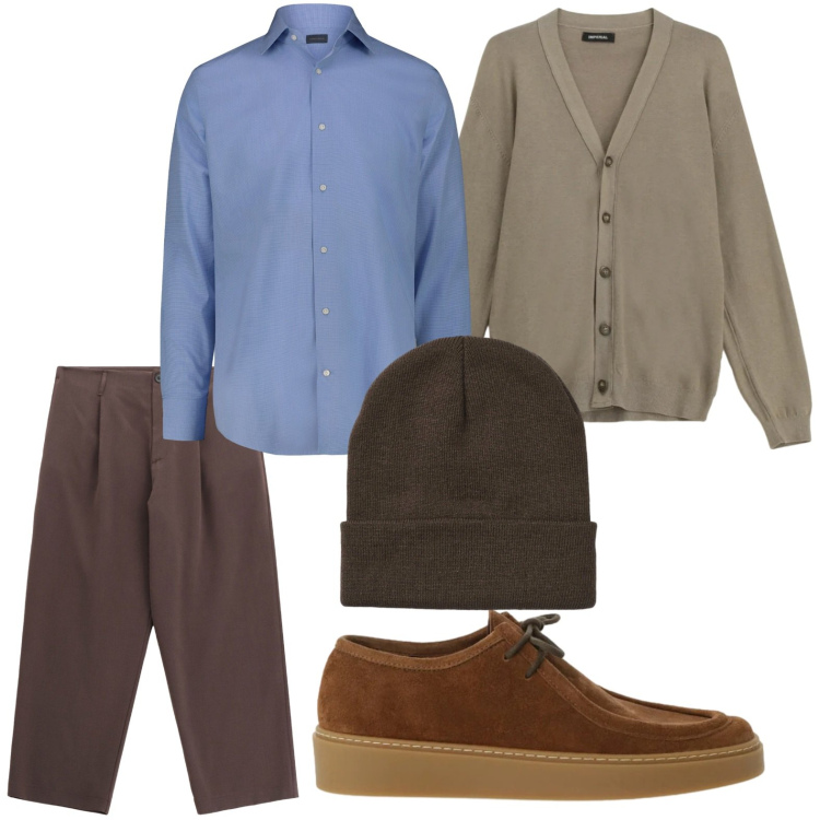 Outfit uomo - Casual. Stile Casual per Tutti i giorni. Abbinamento con cardigans, scarpe stringate, pantaloni, berretti, camicie.